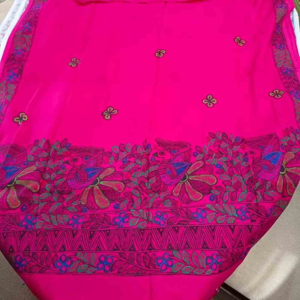 Maadhubani Painting Pink Colour Stole - Peacock